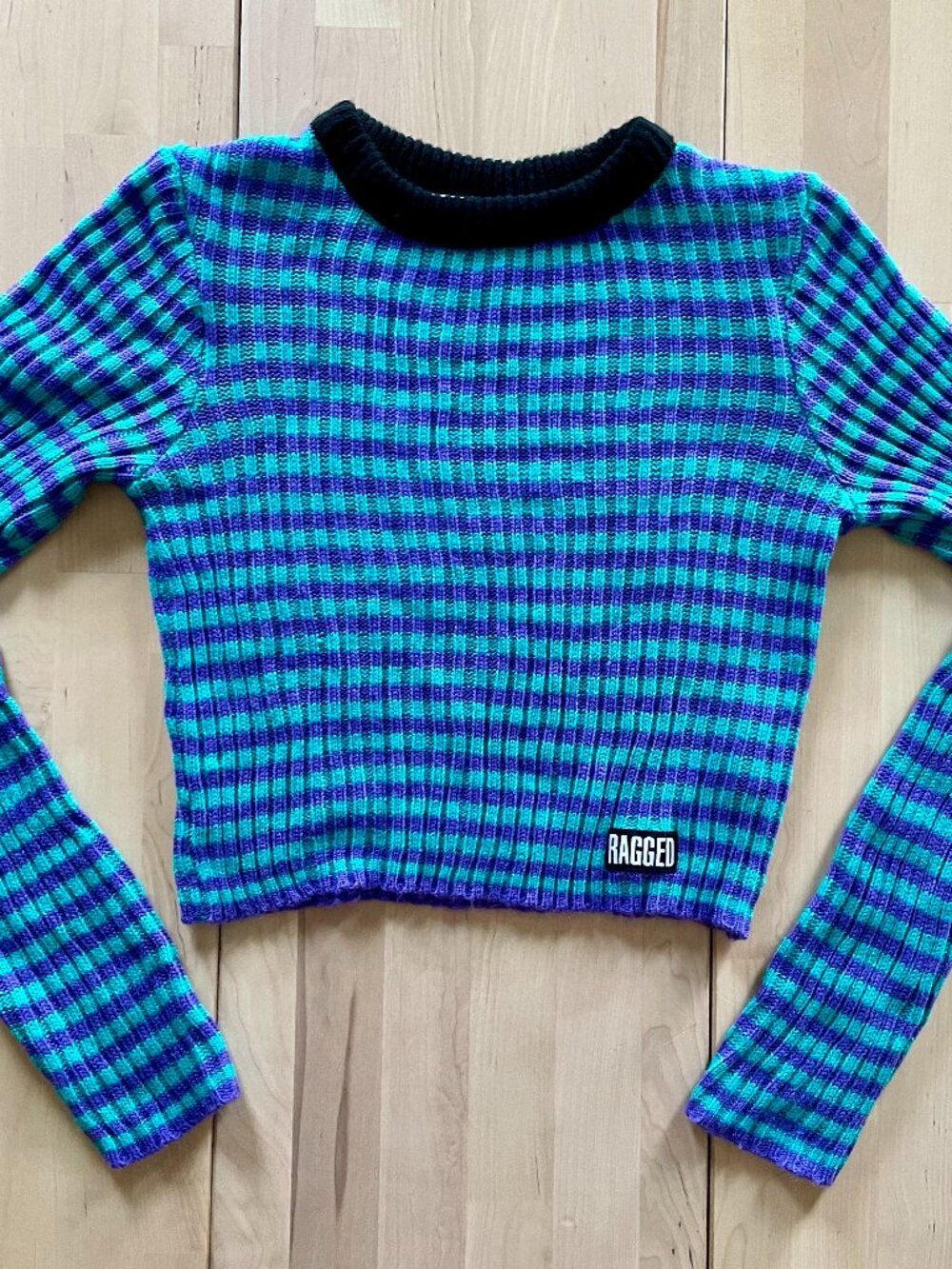 The Ragged Priest Women's Blue & Purple Striped Cropped Blouse Top size Small
